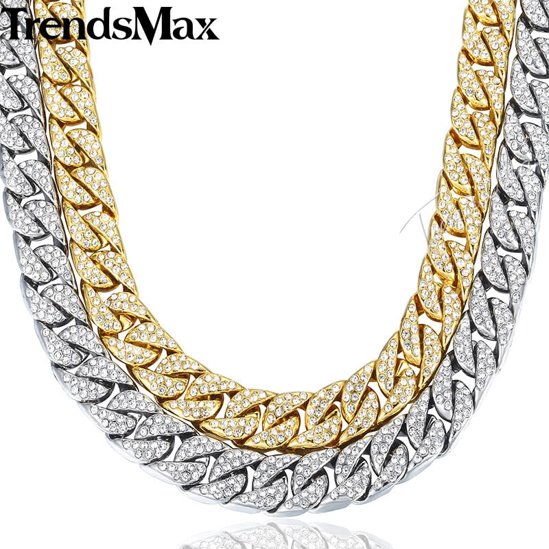 14mm Miami Curb Cuban Chain Necklace For Men Gold Silver Hip Hop Iced Out Paved Rhinestones CZ Rapper Necklace Jewelry GN432 - Gabriel
