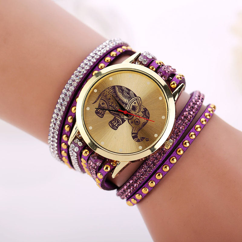 Creative Watches Girl Elephant Rivet Bracelet Quartz Braided Winding Wrap Watch 1PC Quartz Watch relogio feminino - Gabriel