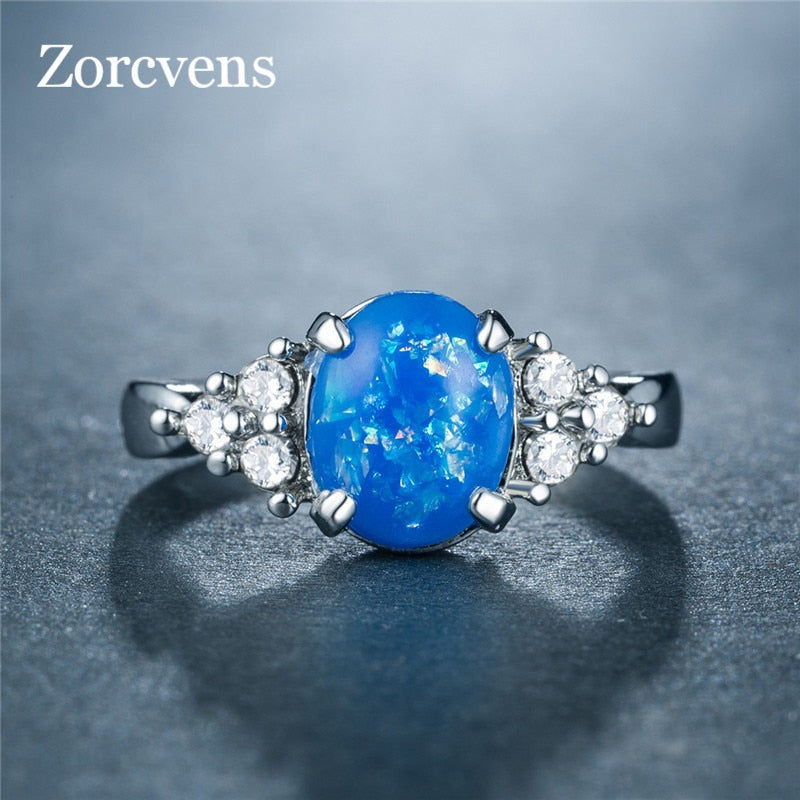 ZORCVENS Fashion oval Big Fire Opal rings For Women Silver Color Cheap Promise Jewelry Blue Opal Simple Wedding Rings - Gabriel