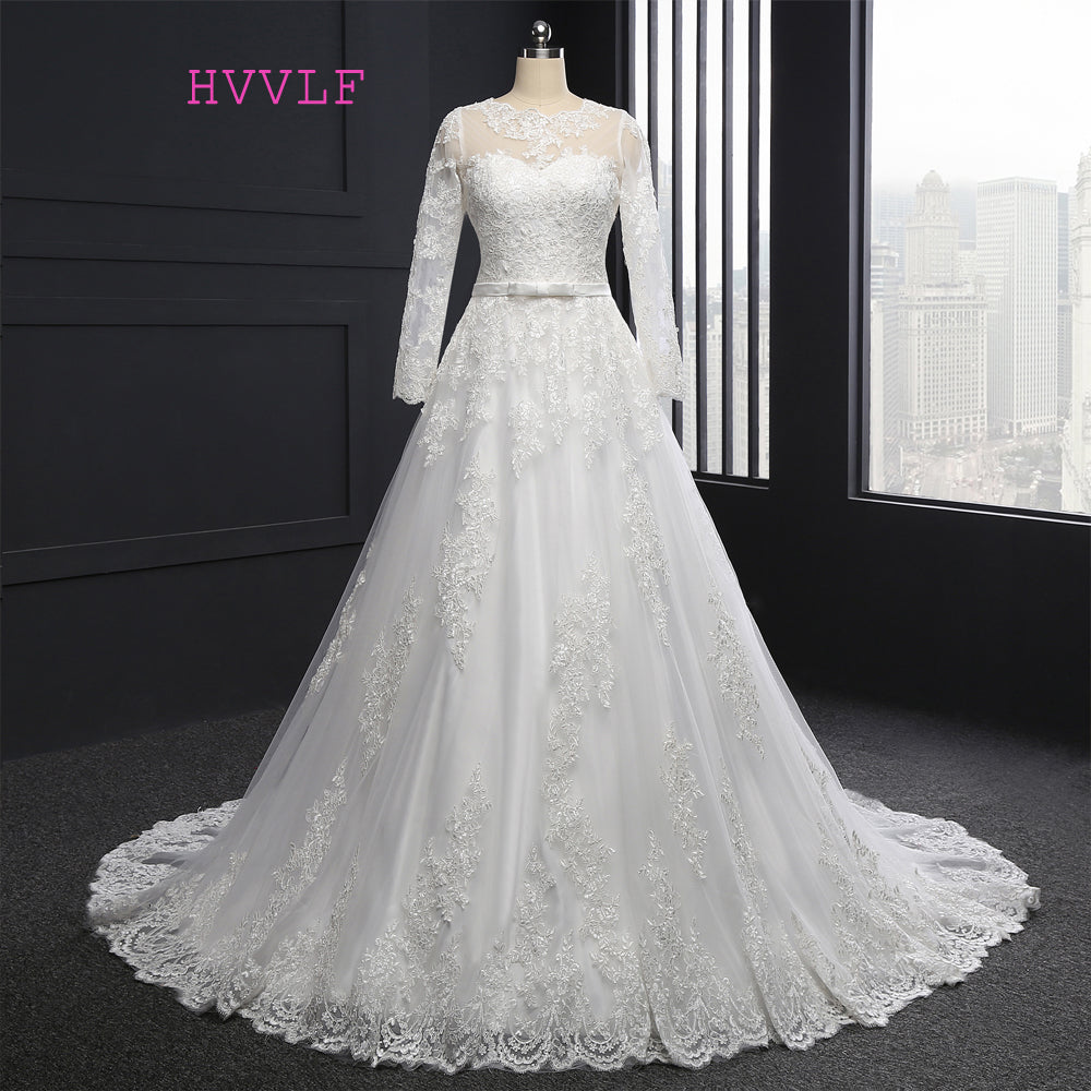 HVVLF Vestido De Noiva 2018 Muslim Wedding Dresses A-line Long Sleeves Appliques Lace Vintage Wedding Gown Bridal Dresses - Gabriel