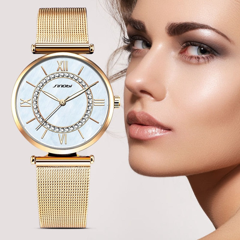 SINOBI Fashion Bling Quartz Watches Women's Gold Top Luxury Brand Diamond Clock Female Geneva Quartz Clock Ladies Wristwatch - Gabriel