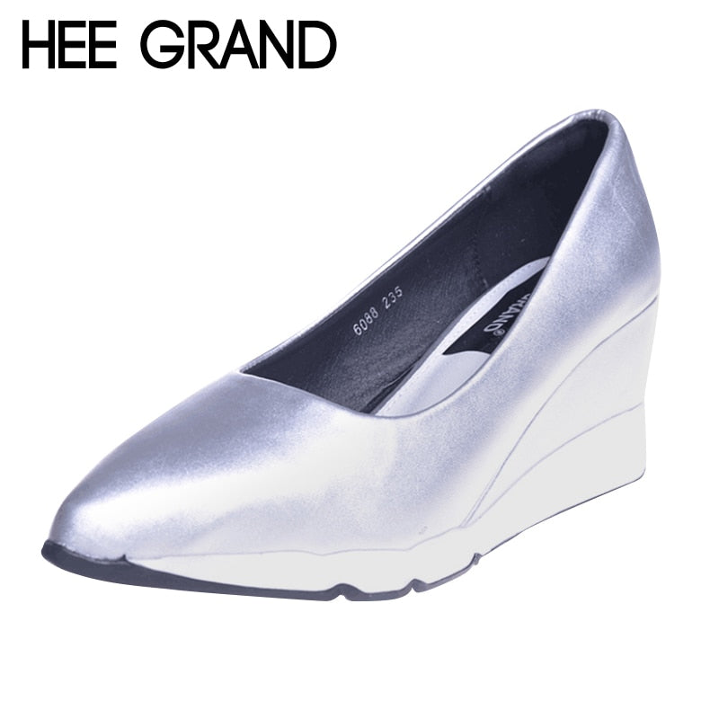 HEE GRAND Fashion Women Pumps Pointed Toe Solid Top PU Leather Wedge 6cm Heel Autumn Casual Women's Shoes Plus Size 40 WXG182 - Gabriel