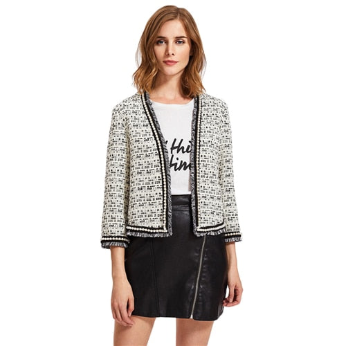 SHEIN Pearl Beaded Frayed Edge Tweed Blazer Fall 2017 Fashion Womens Collarless Work Wear Elegant Fitted Blazers - Gabriel