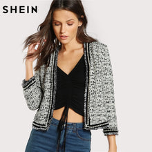 Load image into Gallery viewer, SHEIN Pearl Beaded Frayed Edge Tweed Blazer Fall 2017 Fashion Womens Collarless Work Wear Elegant Fitted Blazers - Gabriel