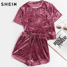 Load image into Gallery viewer, SHEIN Women Two Piece Outfits Purple Short Sleeve Pocket Front Crushed Velvet Top and Bow Shorts Set Women Sets Clothes - Gabriel