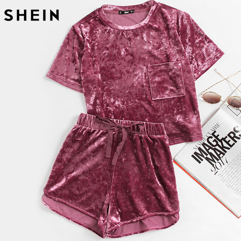 SHEIN Women Two Piece Outfits Purple Short Sleeve Pocket Front Crushed Velvet Top and Bow Shorts Set Women Sets Clothes - Gabriel