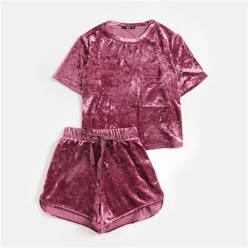 SHEIN Women Two Piece Outfits Purple Short Sleeve Pocket Front Crushed Velvet Top and Bow Shorts Set Women Sets Clothes - Gabriel