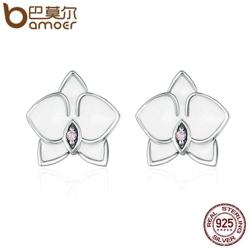 BAMOER Authentic 925 Sterling Silver White Orchid White Enamel & Pink CZ Stud Earrings for Women Fine Jewelry Bijoux PAS515 - Gabriel