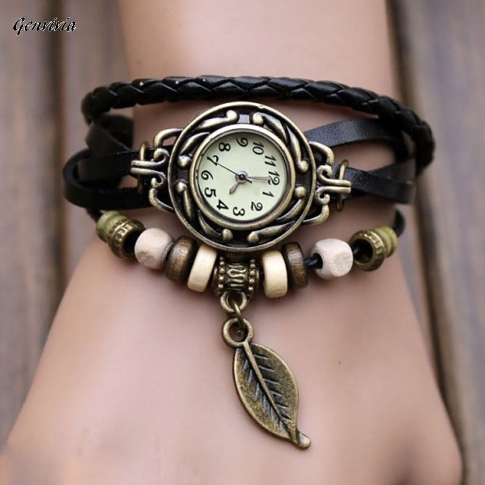 2017 Fashion women wristwatches With Weave Wrap quartz watch PU Leather Leaf Beads Wrist watches women bayan saatleri - Gabriel