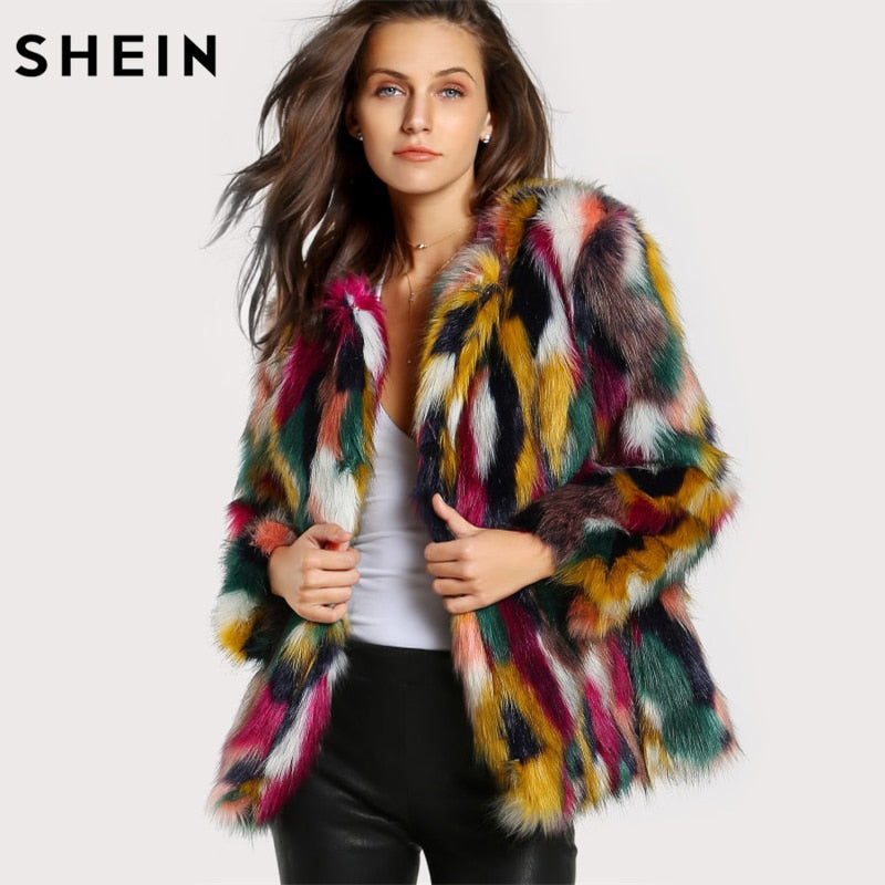 SHEIN Women Elegant Fur Coats Colorful Faux Fur Coat Multicolor Long Sleeve Collarless Casual Woman Winter Fur Coats - Gabriel