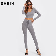 Load image into Gallery viewer, SHEIN Grey Long Sleeve Rib Knit Marled Hoodie Sexy Crop Tee and Leggings Set Autumn 2 Piece Set Women Pant and Top - Gabriel