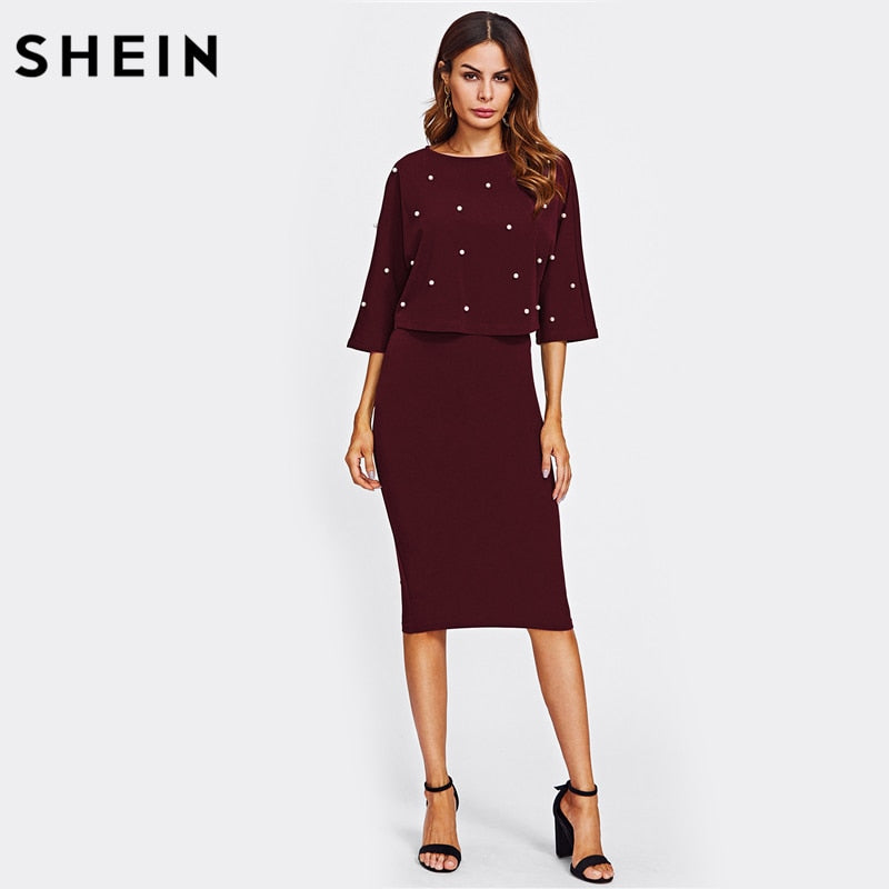 SHEIN Women Autumn Two Piece Outfits Burgundy Three Quarter Length Sleeve Pearl Embellished Front Top and Pencil Skirt Set - Gabriel