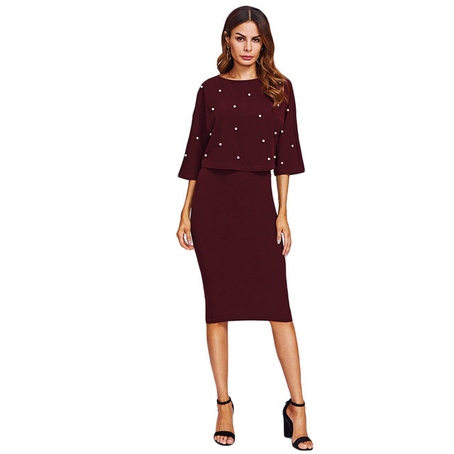 SHEIN Women Autumn Two Piece Outfits Burgundy Three Quarter Length Sleeve Pearl Embellished Front Top and Pencil Skirt Set - Gabriel