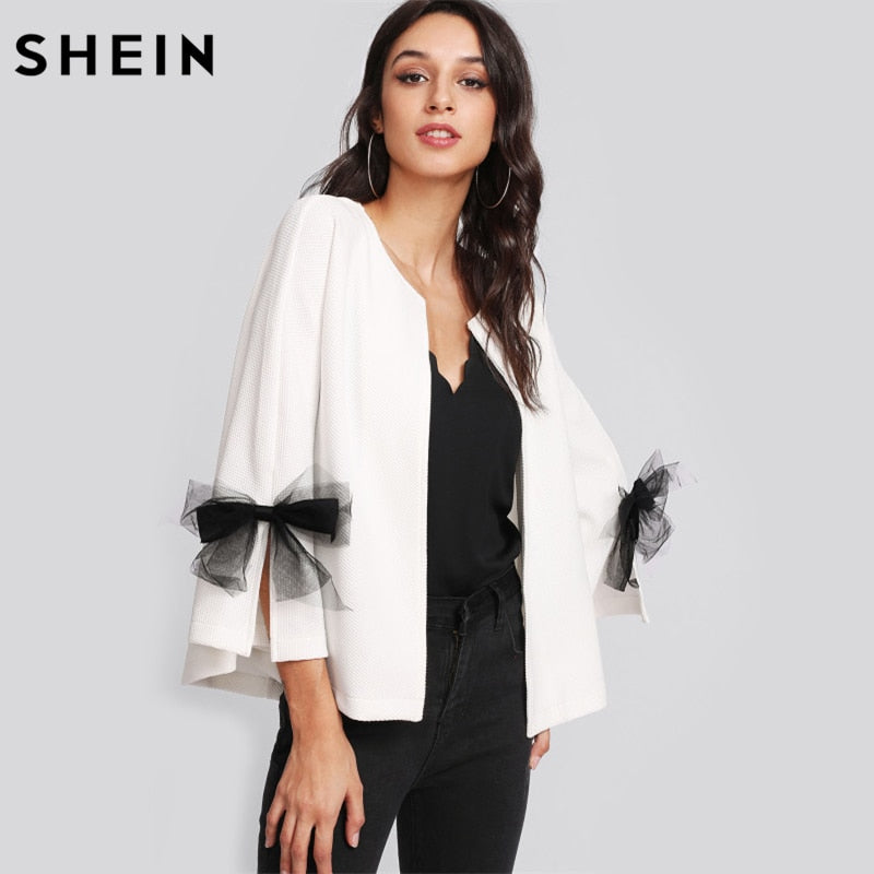 SHEIN Girls Elegant Coat Blazer Women Bow Slit Bell Sleeve Textured Blazer White Three Quarter Length Sleeve Blazer - Gabriel