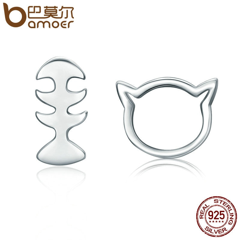 BAMOER Hot Sale Genuine 925 Sterling Silver Cat Little Cat & Fish Stud Earrings for Women Brincos Fine Jewelry Bijoux SCE128 - Gabriel
