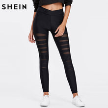 Load image into Gallery viewer, SHEIN Black Leggings Women Mesh Insert Ripped Leggings Mid Waist Casual Summer Spring Soild Fitness Leggings Pants - Gabriel