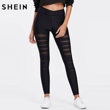 Load image into Gallery viewer, SHEIN Black Leggings Women Mesh Insert Ripped Leggings Mid Waist Casual Summer Spring Soild Fitness Leggings Pants - Gabriel