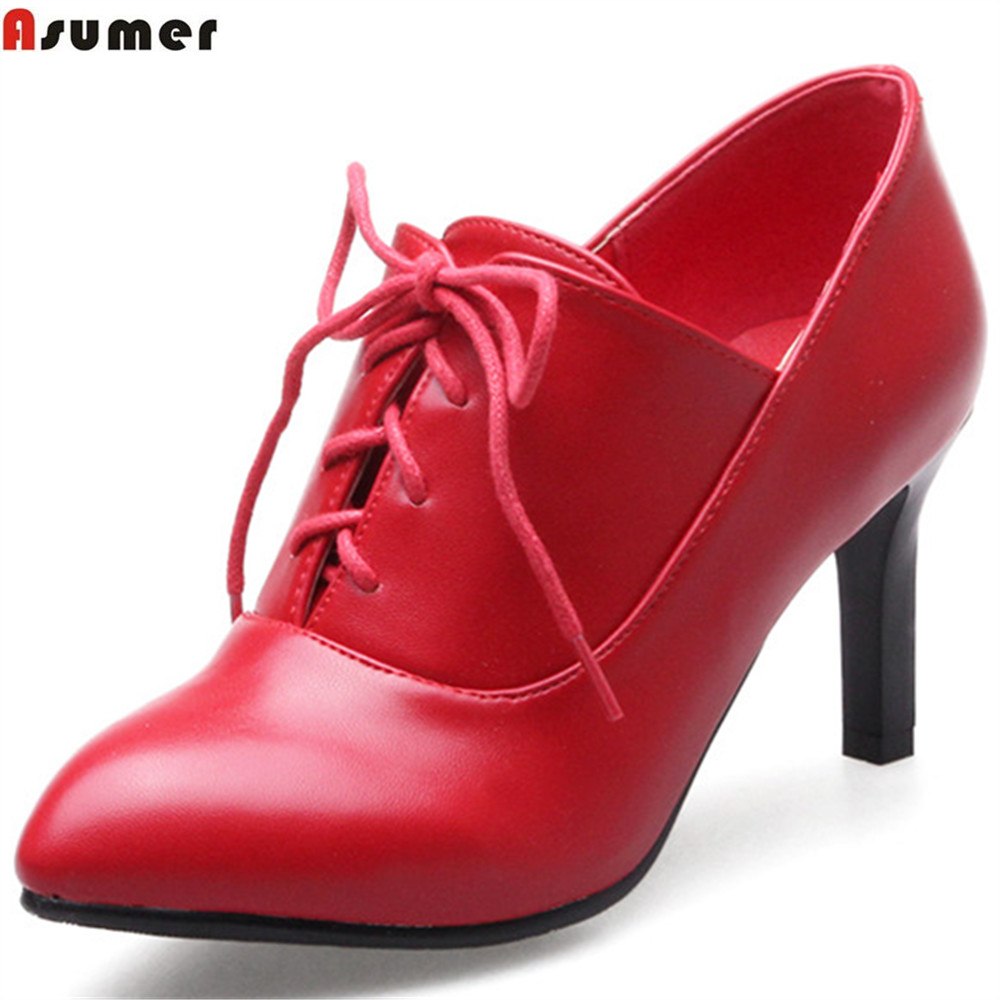 Asumer black red fashion new arrival women shoes lace up spring autumn ladies pumps round toe high heels shoes plus size 32-46 - Gabriel