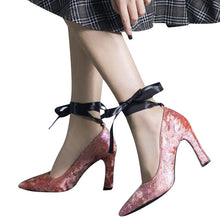 Load image into Gallery viewer, HEE GRAND Women Thick Heel Pumps Ribbon Tie Flock Vamp Elegant Lady&#39;s Heel Style Women Fashion Shoes size 34-49 WXG494 - Gabriel