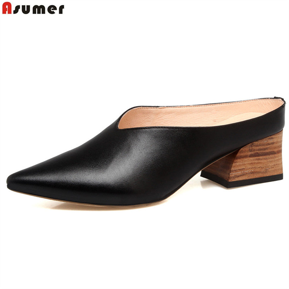 Asumer black white fashion pointed toe casual spring autumn square heel spring autumn women genuine leather high heels shoes - Gabriel