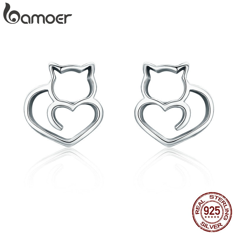 BAMOER Hot Sale Authentic 925 Sterling Silver Cute Cat Small Stud Earrings for Women Fashion Sterling Silver Jewelry SCE271 - Gabriel