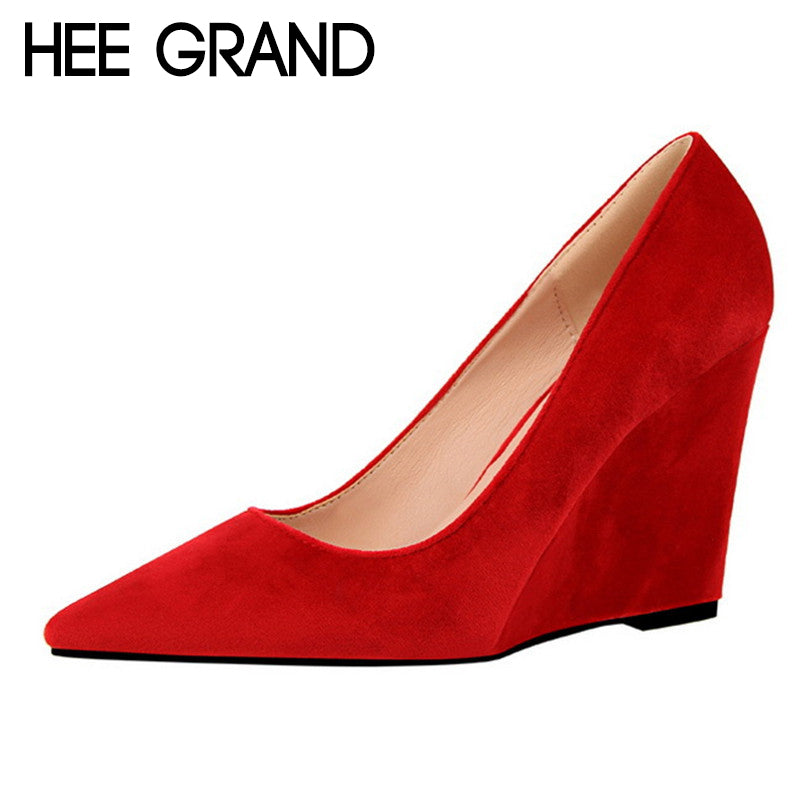 HEE GRAND 2018 Spring New Women Pumps Pointed Toe Flock Leather Wedge 10cm Heel Party Women's Heels 6 Colors Shoes WXG513 - Gabriel