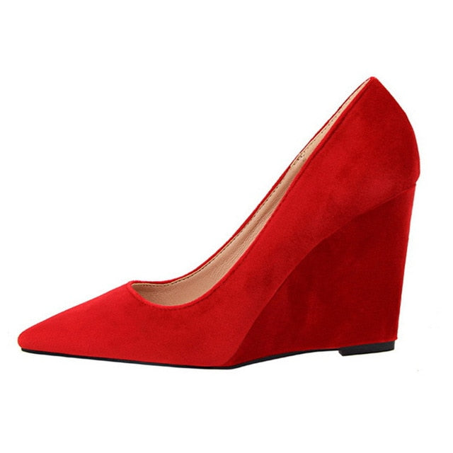 HEE GRAND 2018 Spring New Women Pumps Pointed Toe Flock Leather Wedge 10cm Heel Party Women's Heels 6 Colors Shoes WXG513 - Gabriel