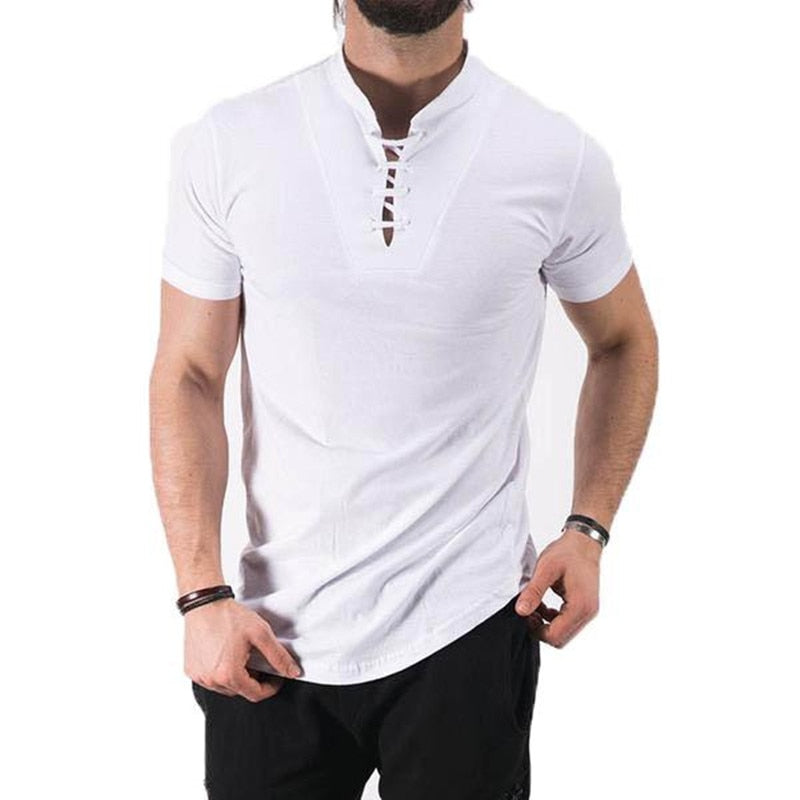 2018 Stylish Summer Lace Up T-shirt Men's Short Sleeve Stand Collar Elegant Cotton Blend Tee Top Casual Slim Fit Men T Shirt - Gabriel