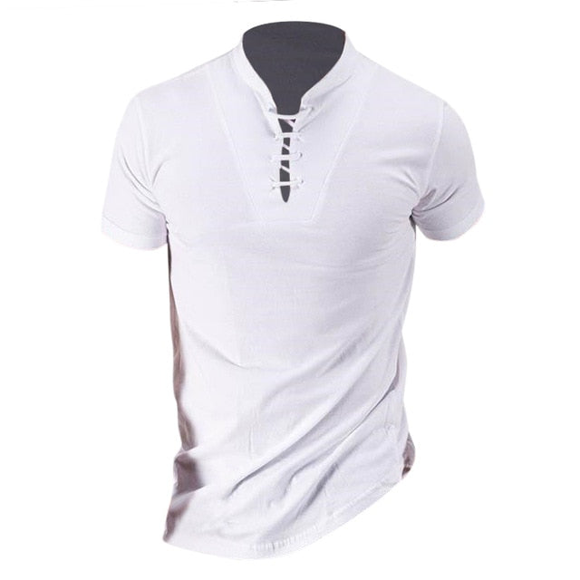 2018 Stylish Summer Lace Up T-shirt Men's Short Sleeve Stand Collar Elegant Cotton Blend Tee Top Casual Slim Fit Men T Shirt - Gabriel