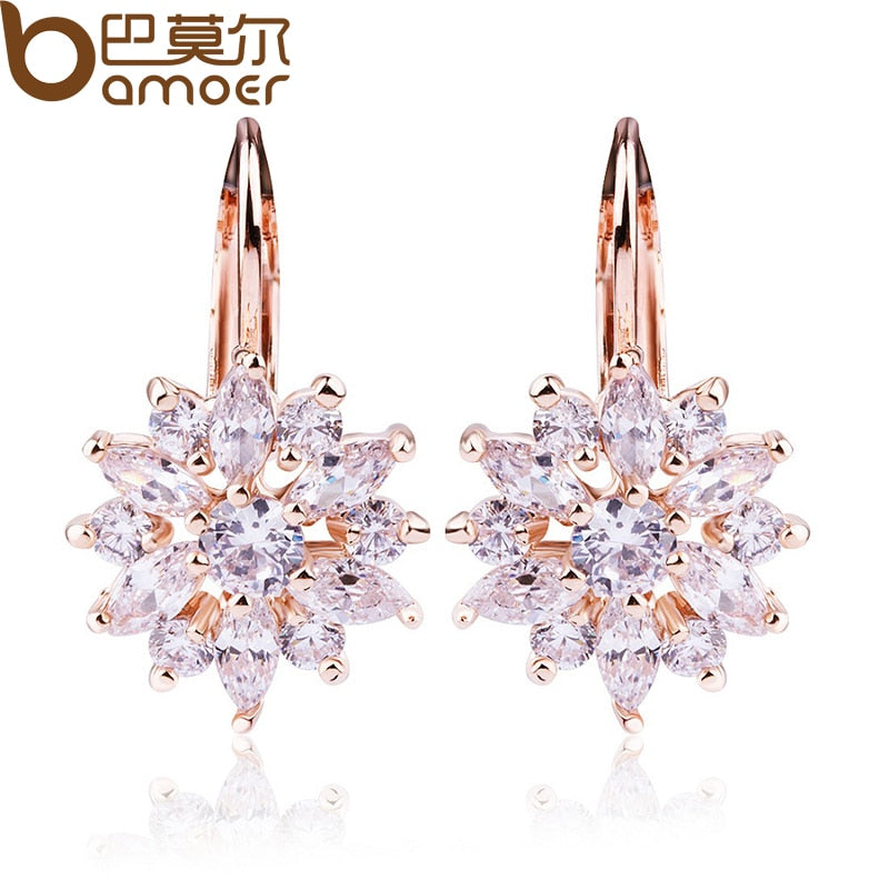 BAMOER 3 Colors Luxury Gold Color Flower Stud Earrings with Zircon Stone Women Birthday Gift Bijouterie JIE014 - Gabriel