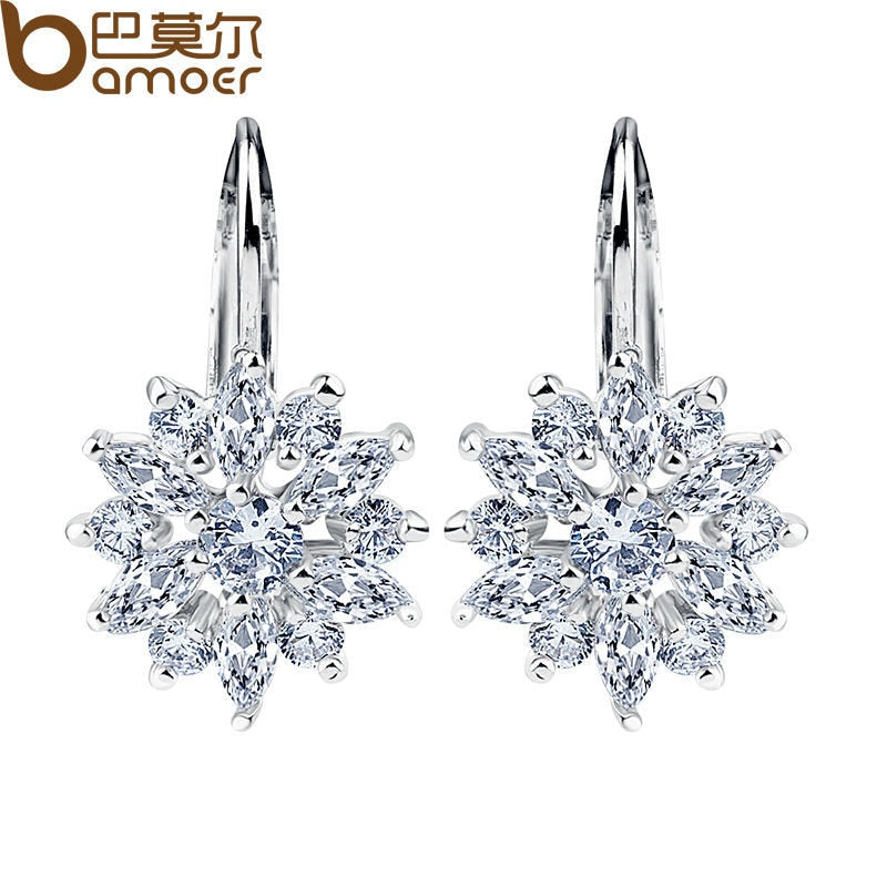 BAMOER Real  Silver Color Stud Earrings Collection with Flower Shape Multicolor/Silver AAA Zircon For Women Jewelry JIE041 - Gabriel