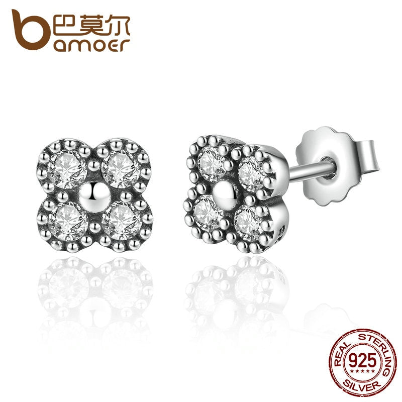 BAMOER 925 Sterling Silver Earrings Pink Silver Clear CZ Push Back Stud Earrings For Women Fashion Earings Jewelry PAS481 - Gabriel