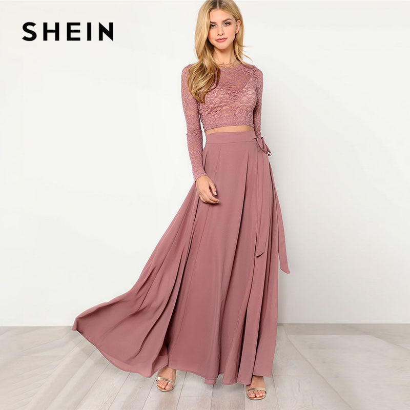 SHEIN Pink Crop Lace Top & Knot Skirt Set Women Round Neck Long Sleeve Belt Elegant Two Pieces Sets 2018 Spring Plain Twopiece - Gabriel