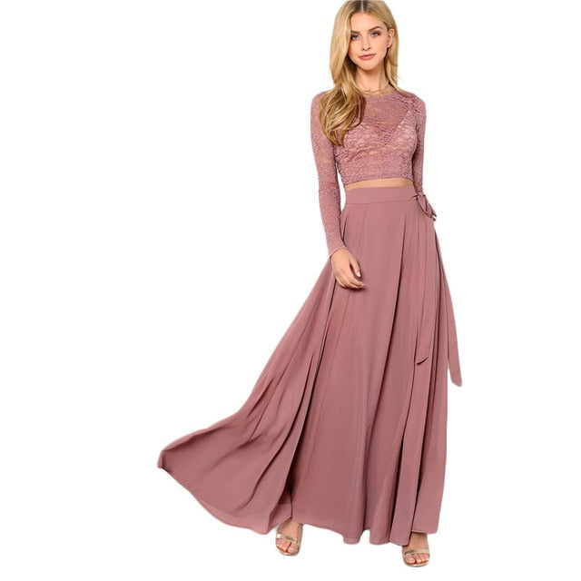 SHEIN Pink Crop Lace Top & Knot Skirt Set Women Round Neck Long Sleeve Belt Elegant Two Pieces Sets 2018 Spring Plain Twopiece - Gabriel