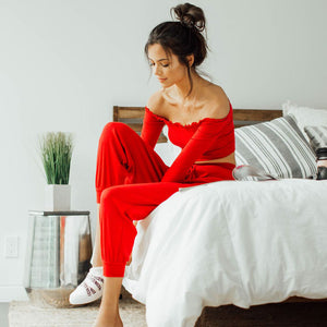 SHEIN Red Two Piece Set Casual Womens Clothing Off the Shoulder Long Sleeve Lettuce Trim Crop Bardot Top and Pants Set - Gabriel