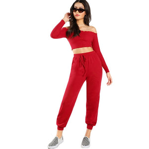 SHEIN Red Two Piece Set Casual Womens Clothing Off the Shoulder Long Sleeve Lettuce Trim Crop Bardot Top and Pants Set - Gabriel