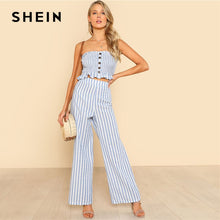Load image into Gallery viewer, SHEIN Blue Ruffle Strapless Top &amp; Pants Set Women Sleeveless Button Button Casual 2 Pieces Sets 2018 Beach Boho Twopieces - Gabriel