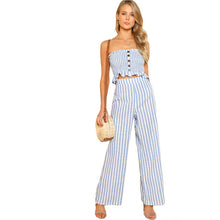 Load image into Gallery viewer, SHEIN Blue Ruffle Strapless Top &amp; Pants Set Women Sleeveless Button Button Casual 2 Pieces Sets 2018 Beach Boho Twopieces - Gabriel