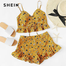 Load image into Gallery viewer, SHEIN Ruffle Trim Lace Up Front Crop Cami And Shorts Set 2018 Summer Women Two Piece Set Ruched Spaghetti Strap Top and Pants - Gabriel