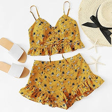 Load image into Gallery viewer, SHEIN Ruffle Trim Lace Up Front Crop Cami And Shorts Set 2018 Summer Women Two Piece Set Ruched Spaghetti Strap Top and Pants - Gabriel