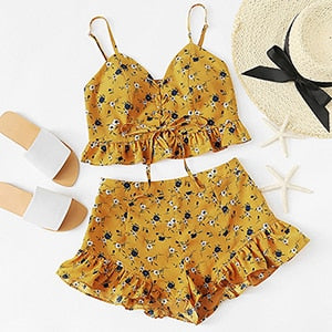 SHEIN Ruffle Trim Lace Up Front Crop Cami And Shorts Set 2018 Summer Women Two Piece Set Ruched Spaghetti Strap Top and Pants - Gabriel