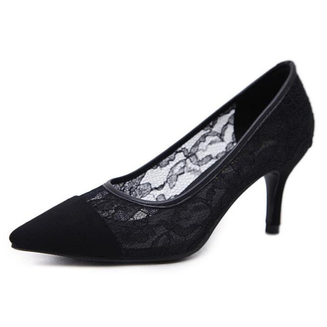 HEE GRAND Lace Vamp Breatheable  Women Thin Heel Pumps Women Comfortable Wearing Pointed Toe for the Fashion Shoes XWD6557 - Gabriel