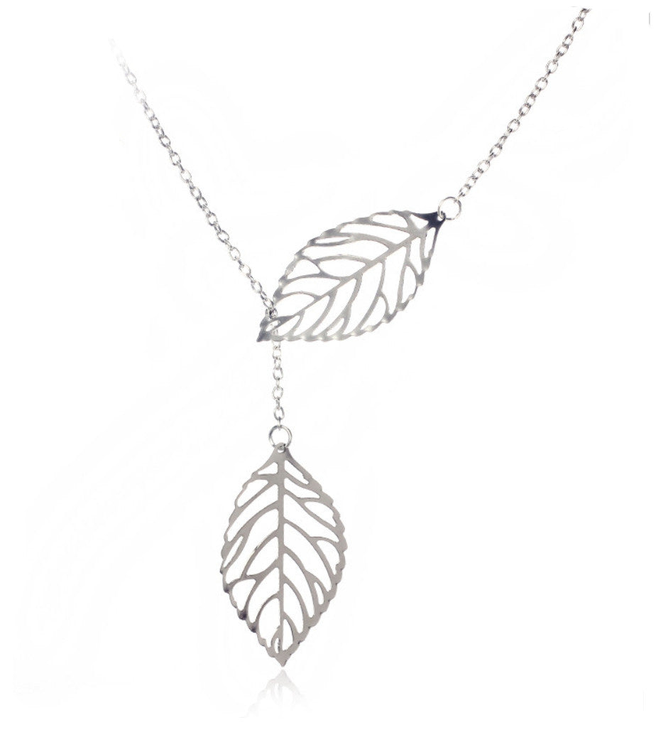 1PC Womens Girls Simple Metal Double Leaf Pendant Alloy Choker Necklace - Gabriel