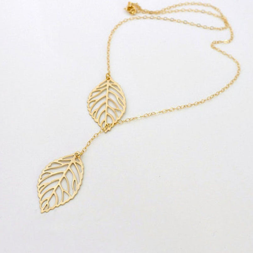 1PC Womens Girls Simple Metal Double Leaf Pendant Alloy Choker Necklace - Gabriel