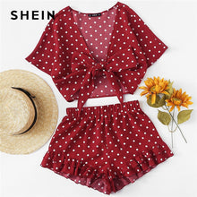 Load image into Gallery viewer, SHEIN Burgundy Polka Dot Knot Top And Ruffle Hem Shorts Set 2018 Summer Women Deep V Neck Short Sleeve Vacation 2 Pieces Sets - Gabriel