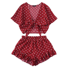 Load image into Gallery viewer, SHEIN Burgundy Polka Dot Knot Top And Ruffle Hem Shorts Set 2018 Summer Women Deep V Neck Short Sleeve Vacation 2 Pieces Sets - Gabriel