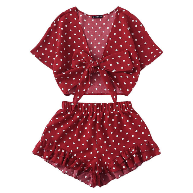 SHEIN Burgundy Polka Dot Knot Top And Ruffle Hem Shorts Set 2018 Summer Women Deep V Neck Short Sleeve Vacation 2 Pieces Sets - Gabriel
