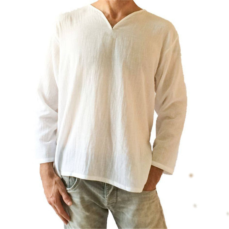 Men's Vintage White Long Sleeve T-Shirt 100% Cotton Thai Hiphop T Shirt Men V-Neck Summer Beach T-shirt Tee Tops For Man - Gabriel