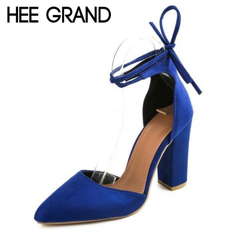 HEE GRAND 2018 New Women Thick Heel Summer Shoes Pointed Toe Cross-tied Ankle Lace Flock Vamp Lady's Mujer Fashion Pumps XWZ4925 - Gabriel