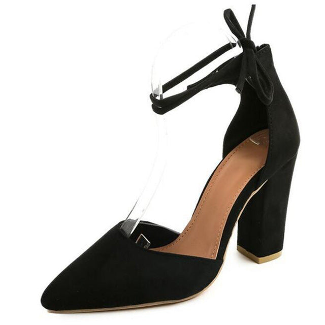 HEE GRAND 2018 New Women Thick Heel Summer Shoes Pointed Toe Cross-tied Ankle Lace Flock Vamp Lady's Mujer Fashion Pumps XWZ4925 - Gabriel